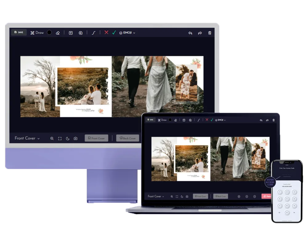 AiFotonex e-album shown on a desktop computer, laptop and phone